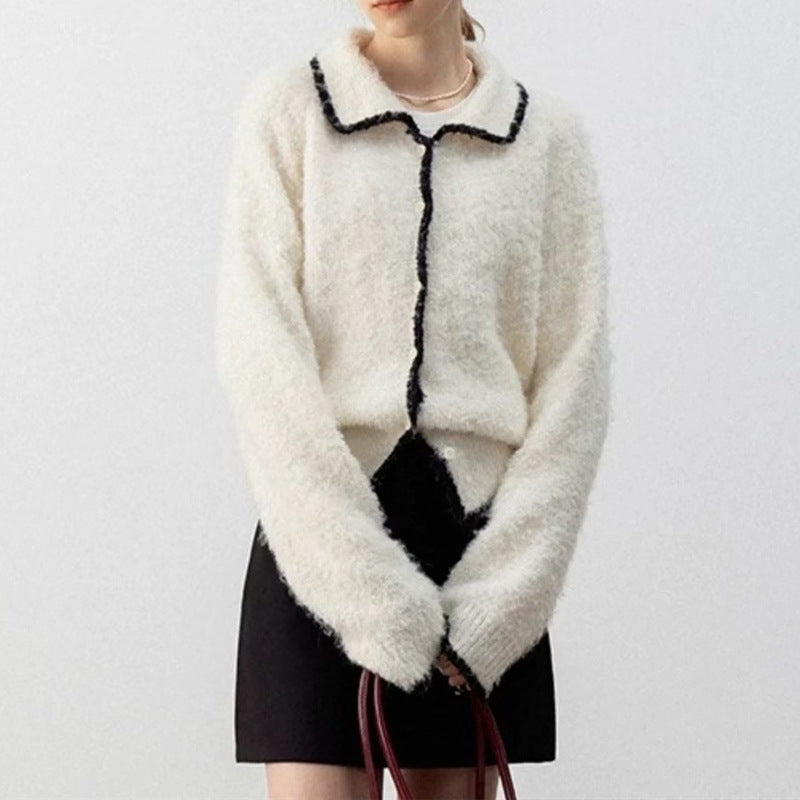 Women's cozy knit cardigan with contrasting details and collar NOVAE
