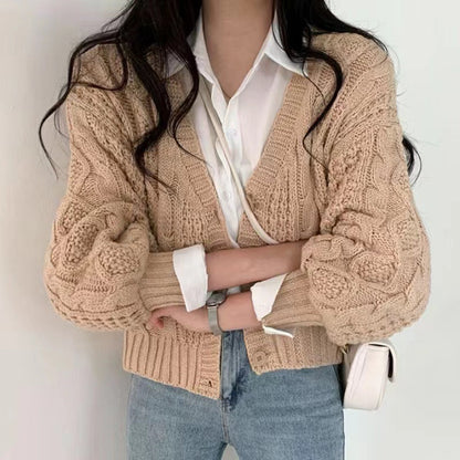 Women's chunky knit cardigan with voluminous sleeves and textured surface NOVAE