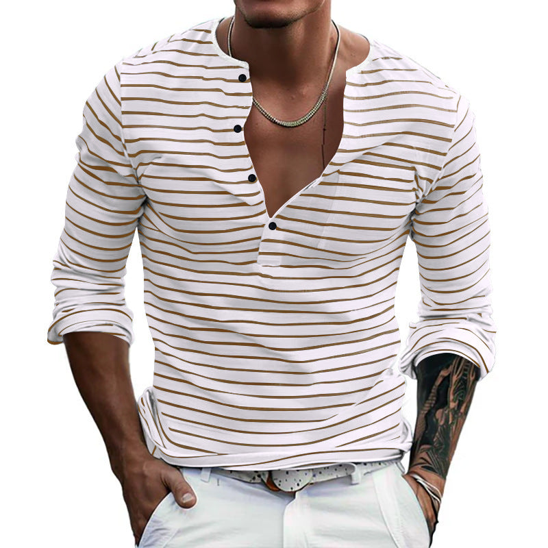 Men's striped long-sleeved shirt with button placket and V-neck NOVAE