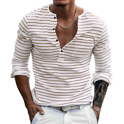 Men's striped long-sleeved shirt with button placket and V-neck NOVAE