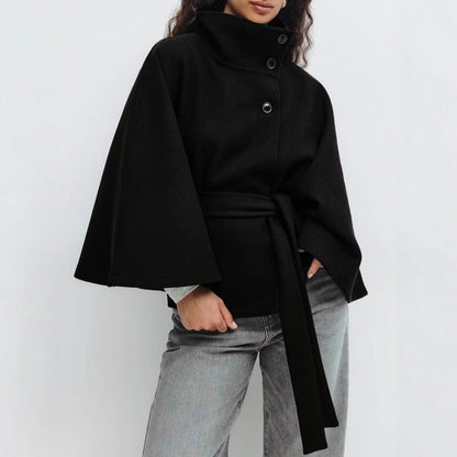 Women's elegant cape jacket with high stand-up collar and chic belt NOVAE