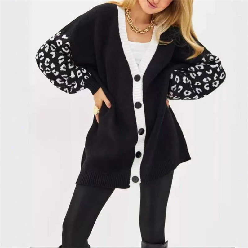 Women's chunky knit cardigan with leopard print and button detailing NOVAE