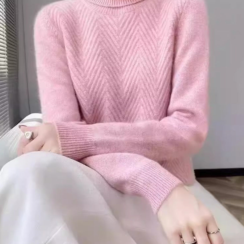 Women's elegant knit sweater with stand-up collar and fine rib texture NOVAE