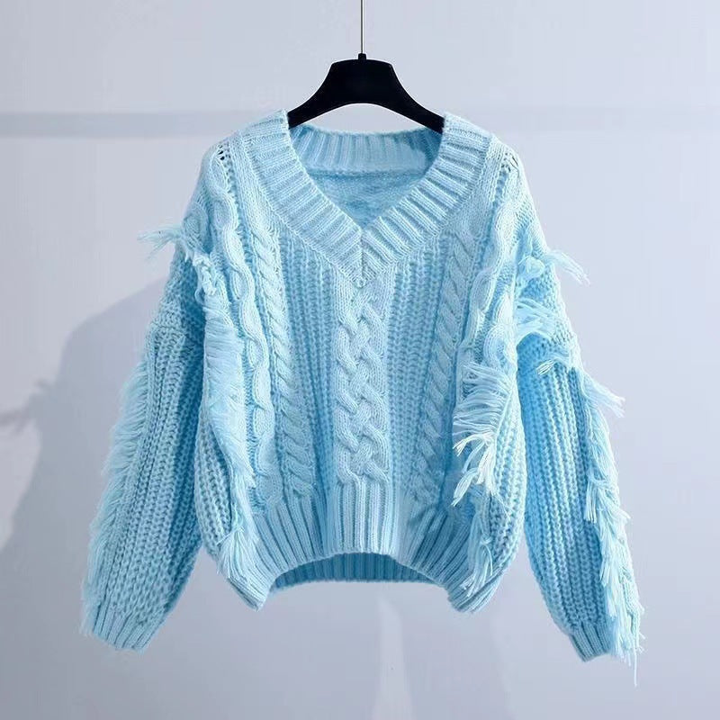 Women's Stylish Knit Sweater with Fringe and Cable Pattern NOVAE