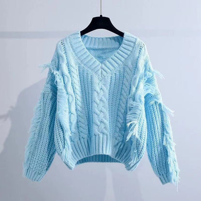 Women's Stylish Knit Sweater with Fringe and Cable Pattern NOVAE