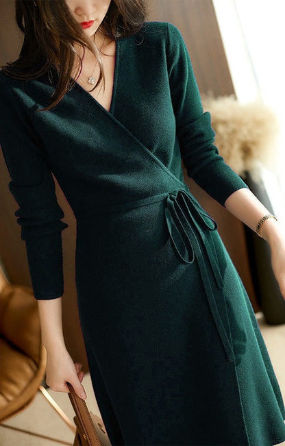 Women's wrap dress with long sleeves and elegant waist drawstring NOVAE
