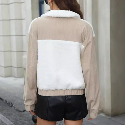 Women's fleece jacket with hood and fashionable corduroy detail NOVAE