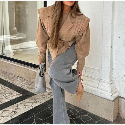 Women's fashionable blazer with smooth shoulder details and tie belt NOVAE