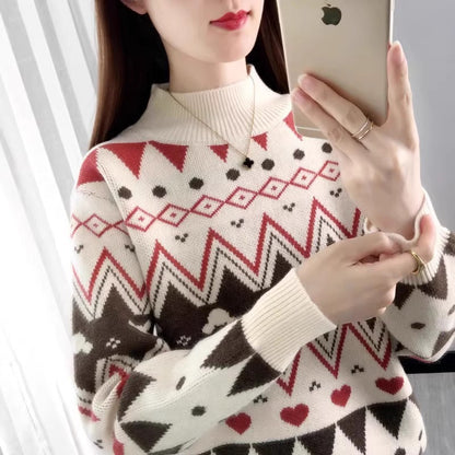 Women's festive knit sweater in a modern Christmas design with a geometric pattern and comfortable round neckline NOVAE