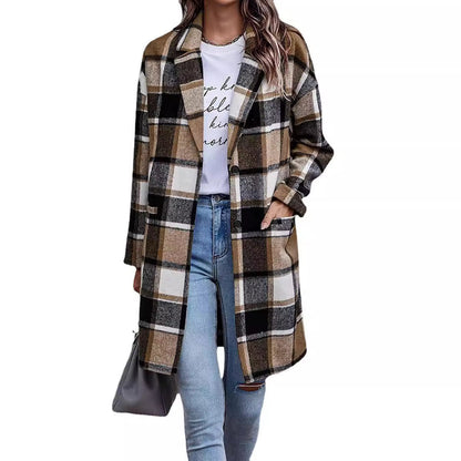 Women's Checked Oversized Coat with Stylish Pockets and Turn-Down Collar NOVAE