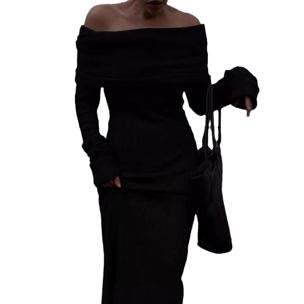 Women's Elegant Knit Maxi Dress with Off-Shoulder Neckline and Figure-Hugging Cut NOVAE