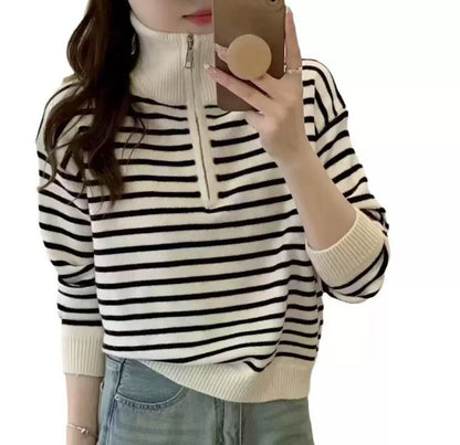 Women's knitted sweater with short zipper and fashionable striped pattern NOVAE