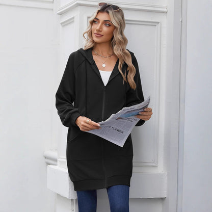 Women's Casual Long Jacket with Hood and Practical Pockets NOVAE