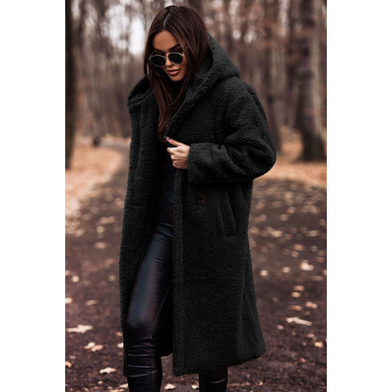Women's cozy teddy coat with hood and button closure NOVAE