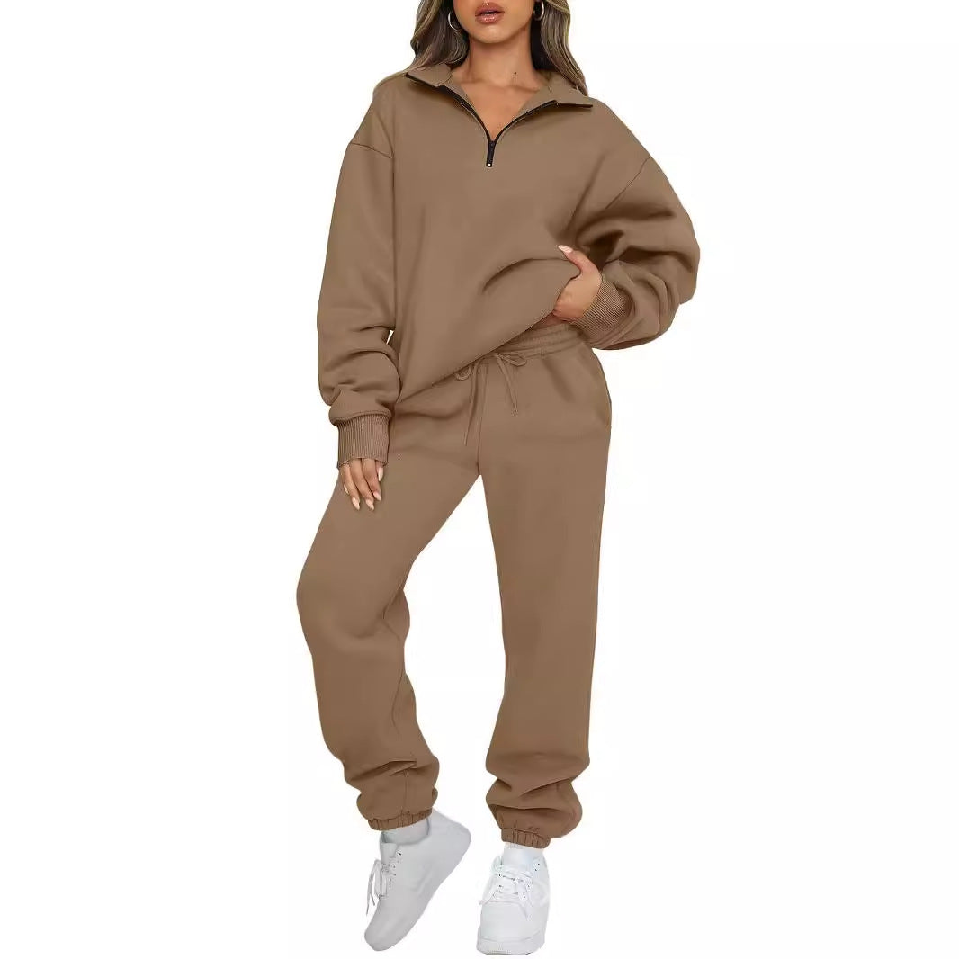 Women's Cozy Leisure Suit with Stand-Up Collar and Zipper NOVAE