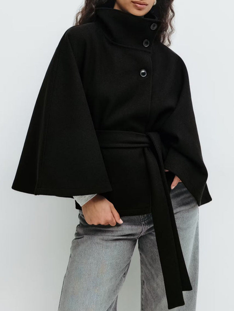Women's elegant cape jacket with high stand-up collar and chic belt NOVAE