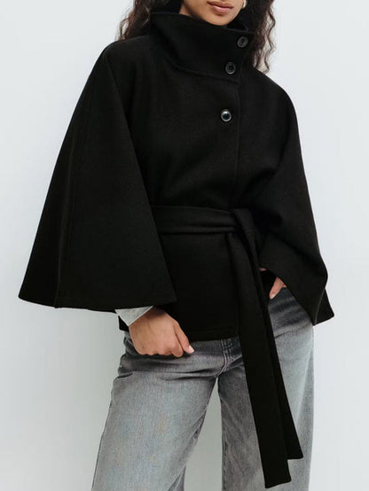 Women's elegant cape jacket with high stand-up collar and chic belt NOVAE