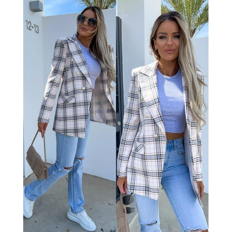 Women's checked blazer with double-breasted button fastening and elegant details NOVAE