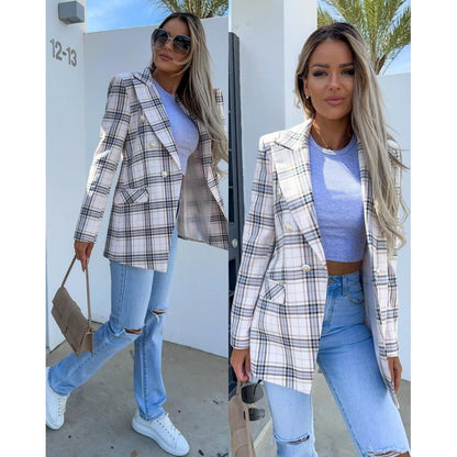 Women's checked blazer with double-breasted button fastening and elegant details NOVAE