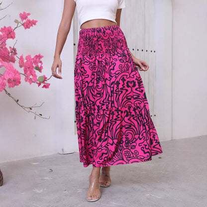 Women's maxi skirt with voluminous, cheerful patterns and elastic waistband NOVAE