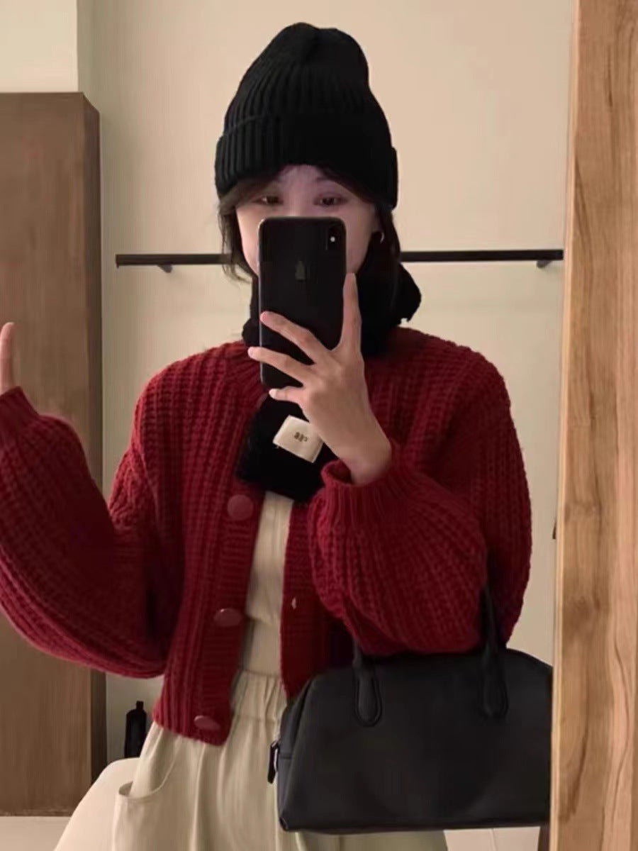 Women's chunky knit cardigan with voluminous sleeves and large buttons NOVAE