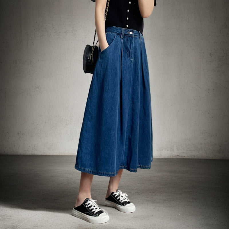 Women's Long Denim Skirt with Pleats and Side Pockets NOVAE