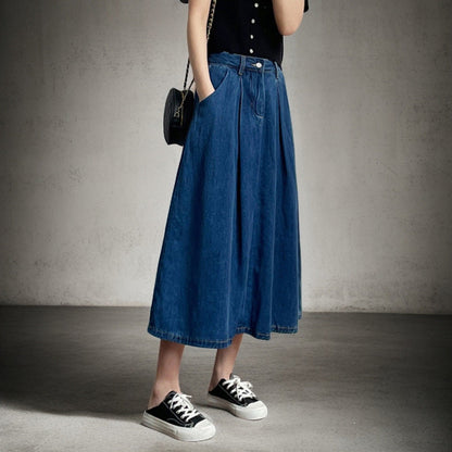 Women's Long Denim Skirt with Pleats and Side Pockets NOVAE