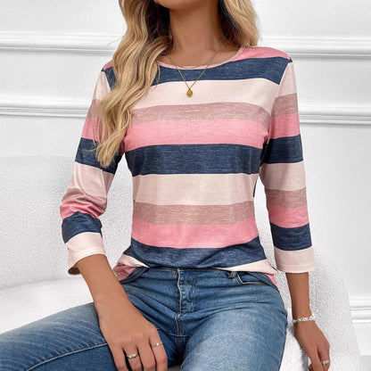 Women's striped top with 3/4 sleeves and wide round neck NOVAE