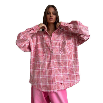 Women's oversized shirt blouse in a casual plaid design with fringe NOVAE