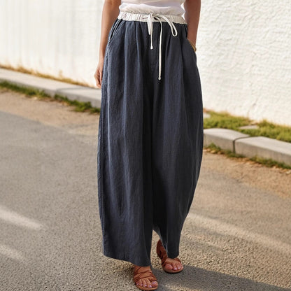 Women's wide-leg linen trousers with elasticated waistband and stylish drawstring NOVAE