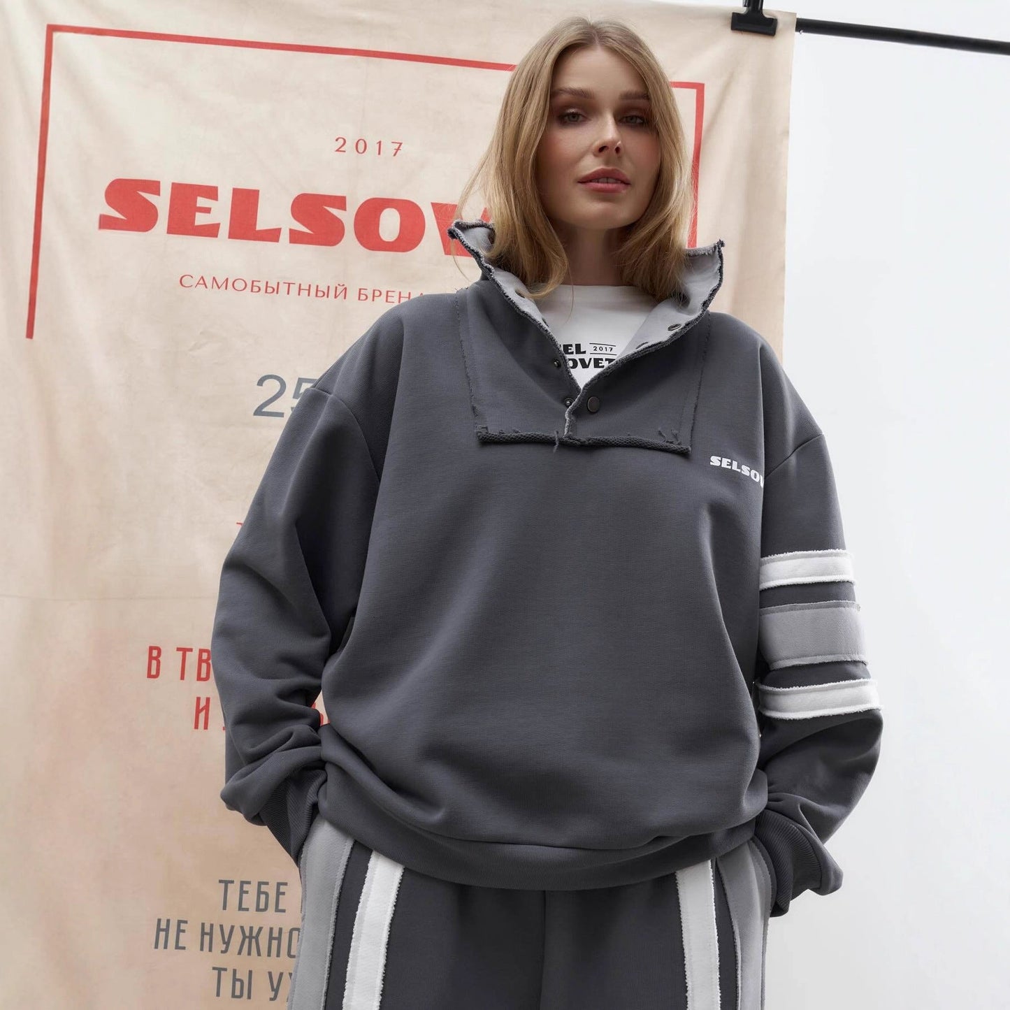 Women's sporty sweater set with side stripes and high collar NOVAE