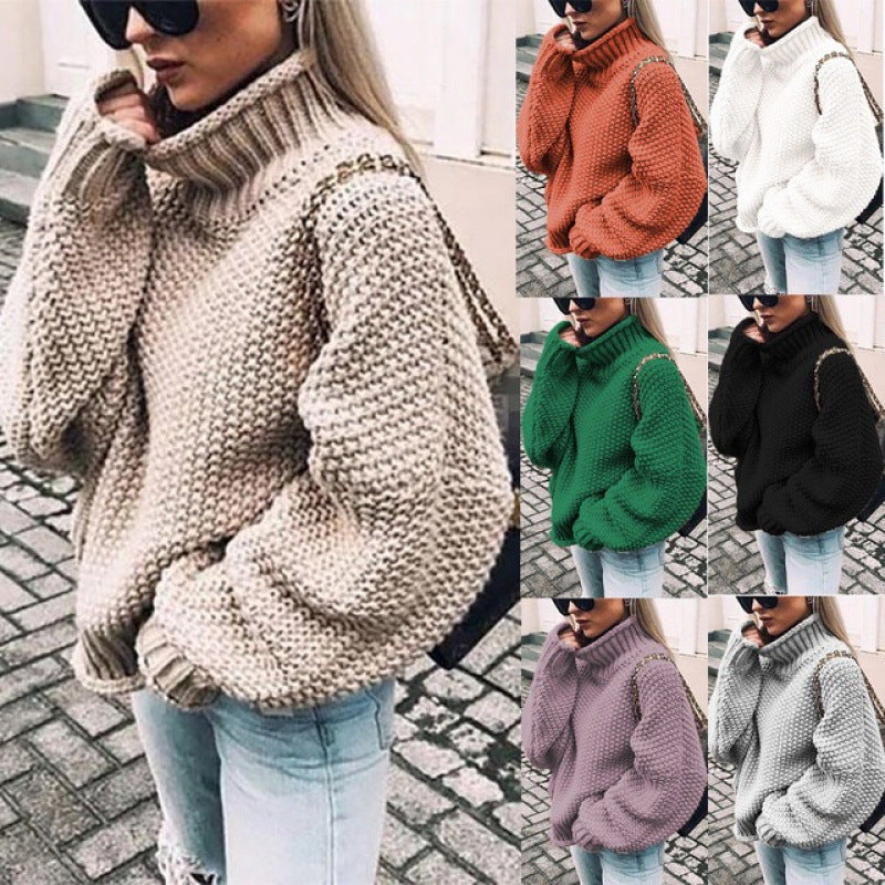 Women's chunky knit sweater with high collar and relaxed fit NOVAE