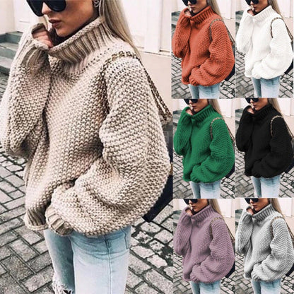 Women's chunky knit sweater with high collar and relaxed fit NOVAE