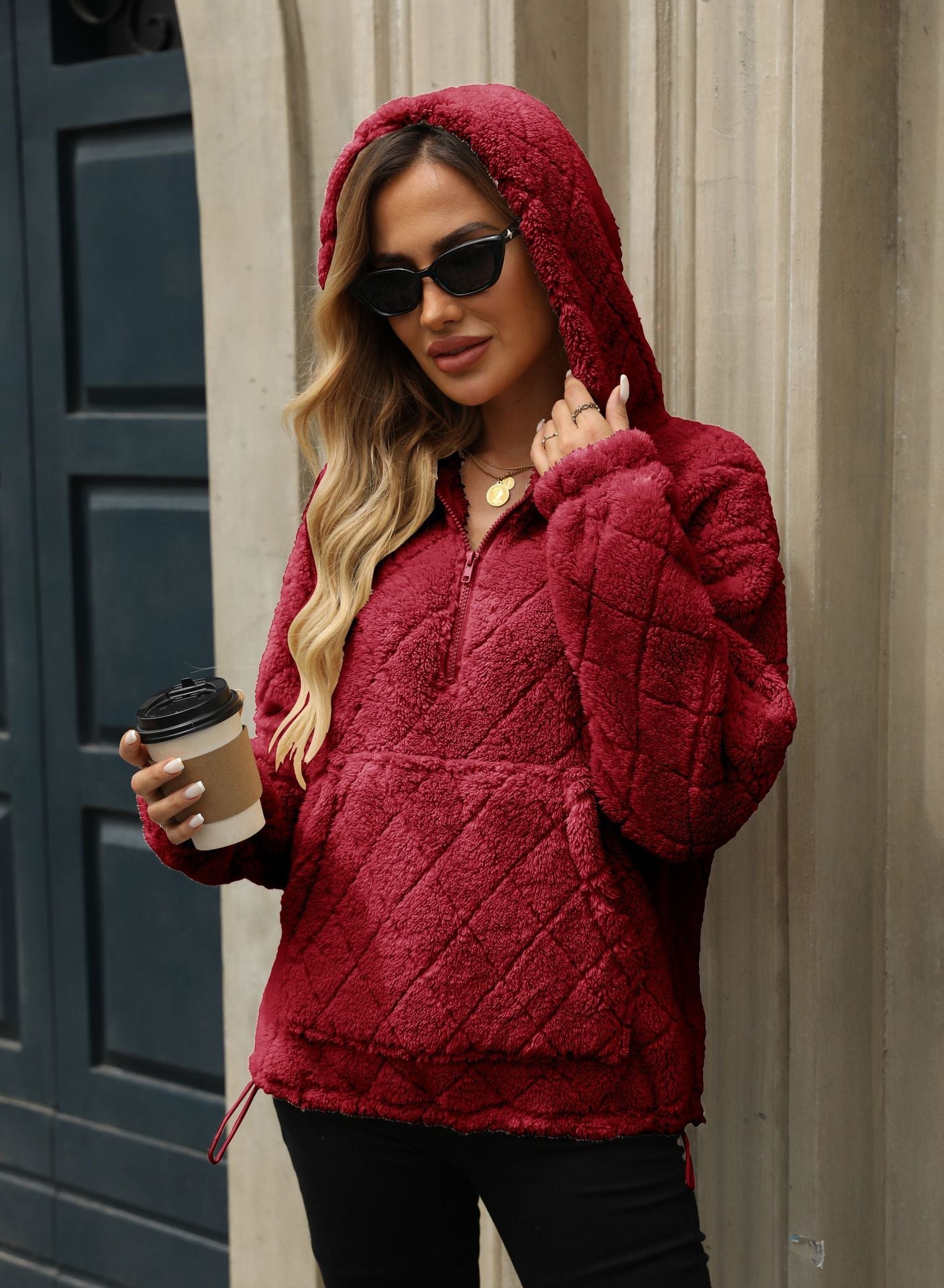 Women's Fluffy Hoodie with Stand-Up Collar and Kangaroo Pocket NOVAE