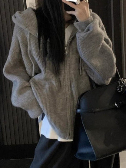 Women's Cozy Knit Hoodie with Generous Hood and Zipper NOVAE