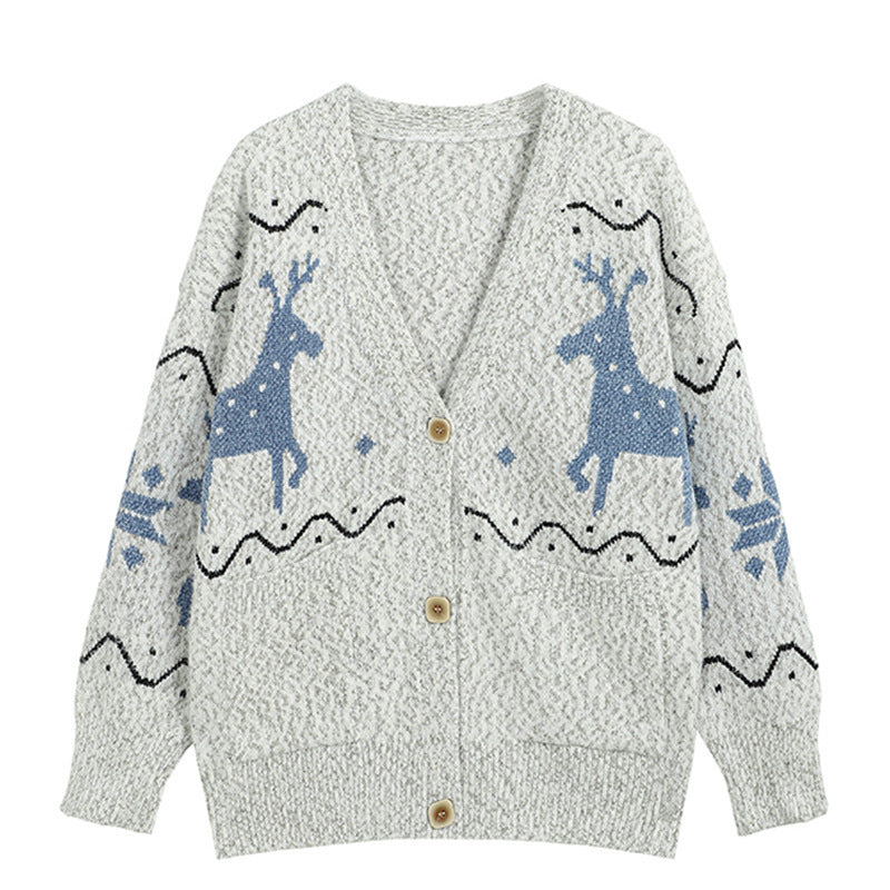 Women's Cozy Cardigan with Reindeer Motif and Pockets NOVAE