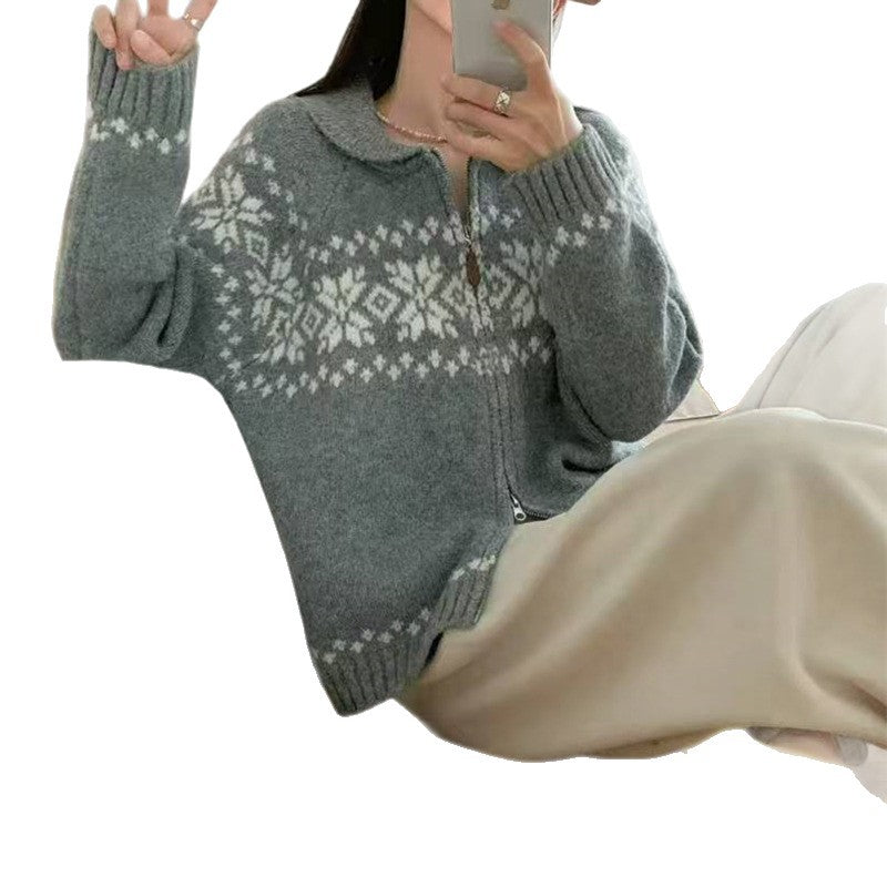 Women's cardigan with modern Norwegian pattern and high collar NOVAE