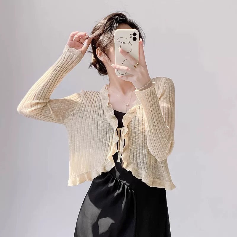 Women's cardigan with ruffle details and airy structure NOVAE