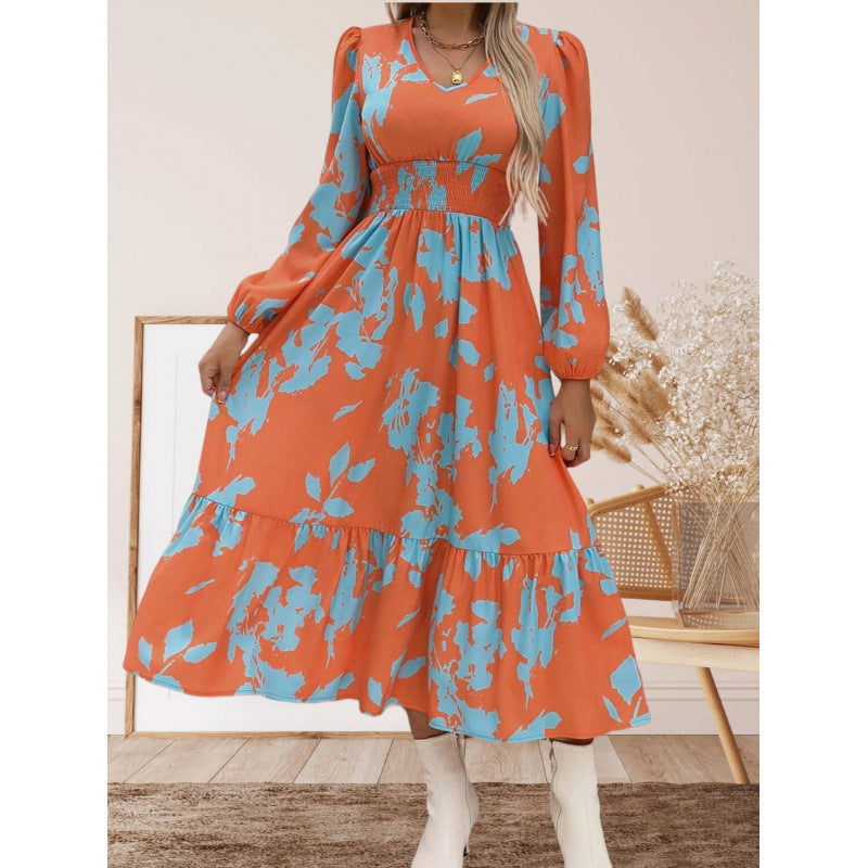 Women's long-sleeved maxi dress with floral patterns and voluminous sleeves NOVAE