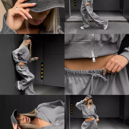 Women's sporty cropped hoodie with practical zippers and contrasting side stripes NOVAE