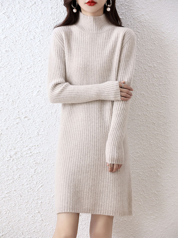 Women's knitted dress in an elegant ribbed design with a high collar NOVAE