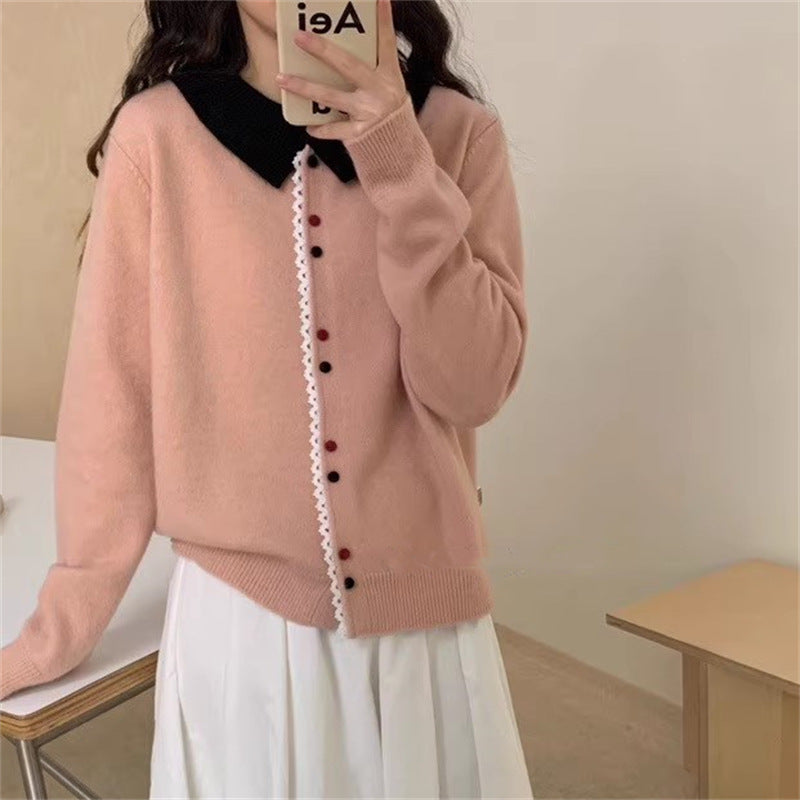 Women's Elegant Knit Cardigan with Stand-Up Collar and Button Detail NOVAE