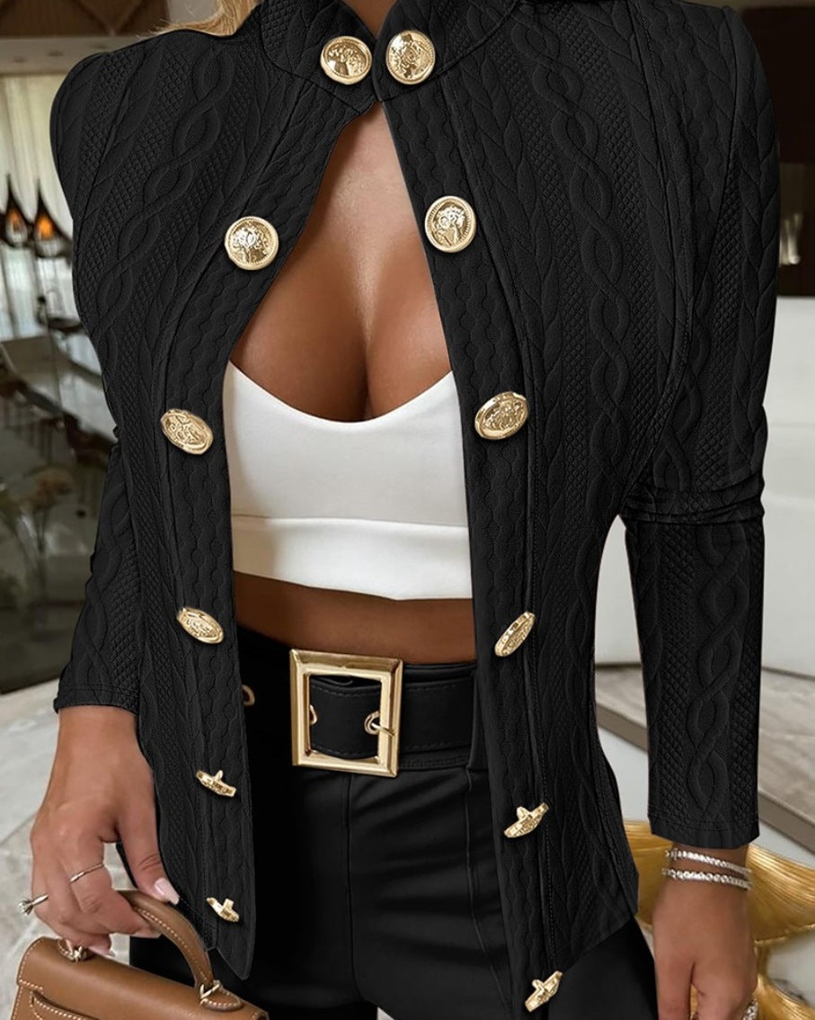 Women's Elegant Knit Blazer with Gold Buttons and Stand-Up Collar NOVAE