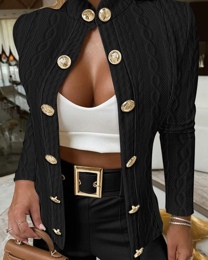 Women's Elegant Knit Blazer with Gold Buttons and Stand-Up Collar NOVAE