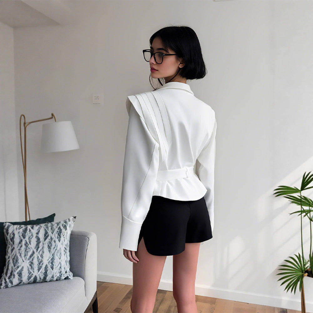 Women's couture blazer with elegant collar and waist belt NOVAE