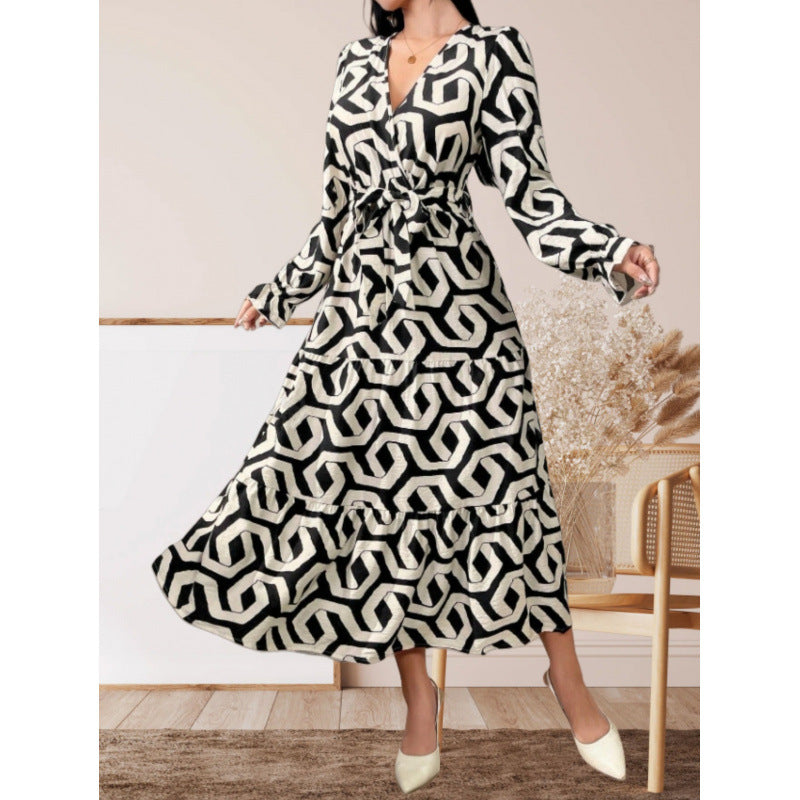 Women's maxi dress with modern geometric print and adjustable waist design NOVAE
