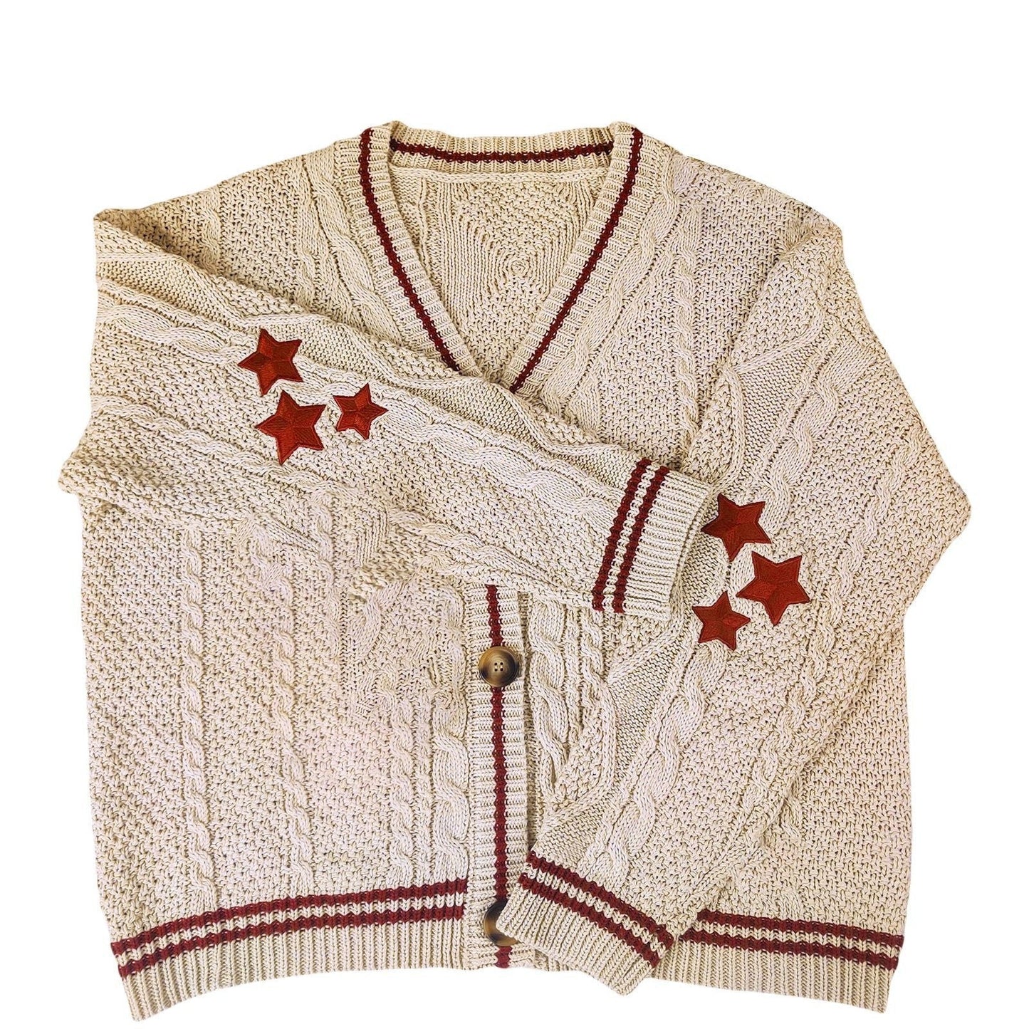 Women's chunky knit cardigan with elegant star appliqués and contrasting details NOVAE