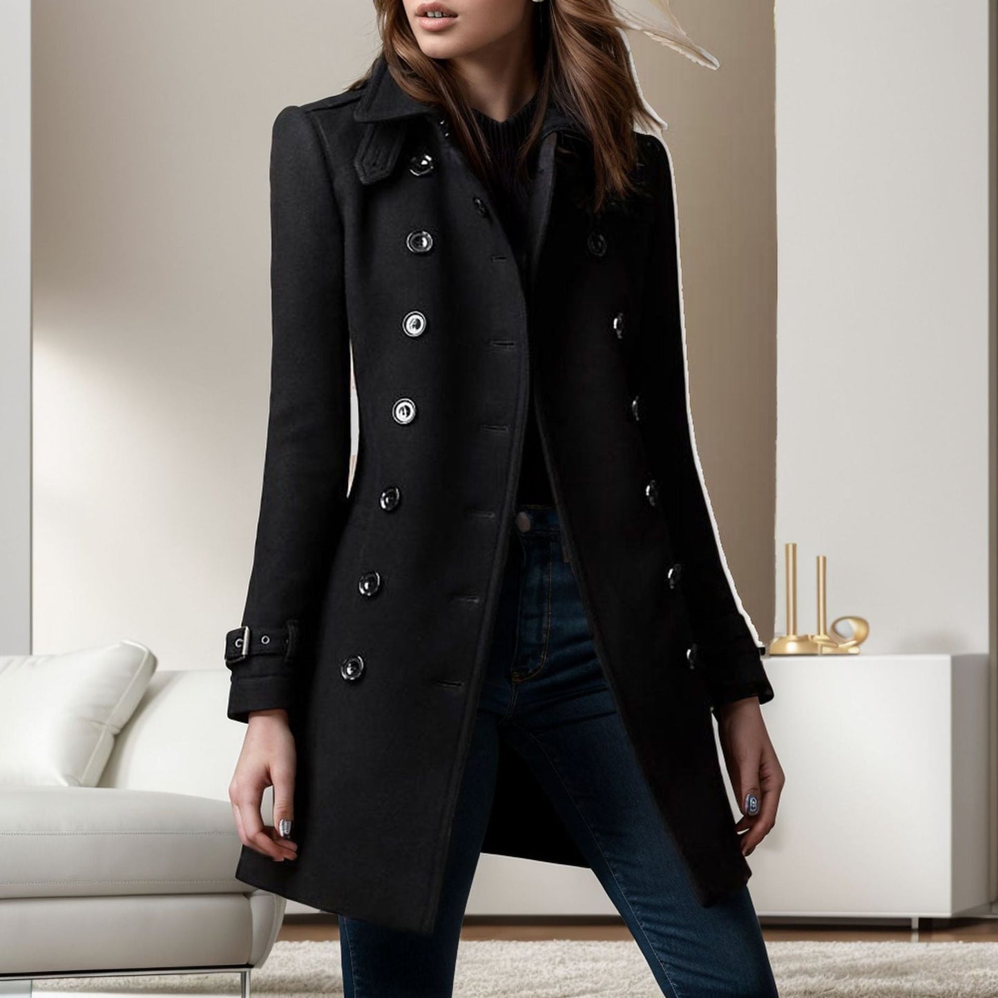 Women's elegant trench coat with double-breasted button closure and weighted collar NOVAE