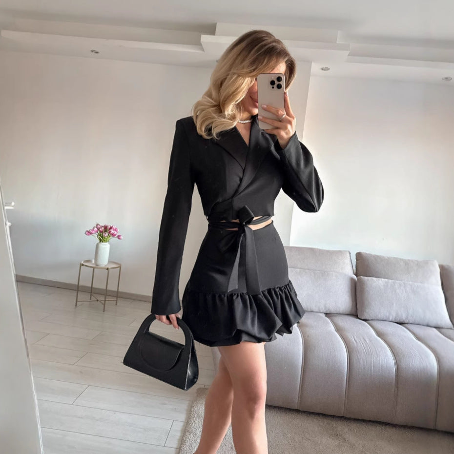 Women's elegant blazer and skirt set with ruffle details NOVAE