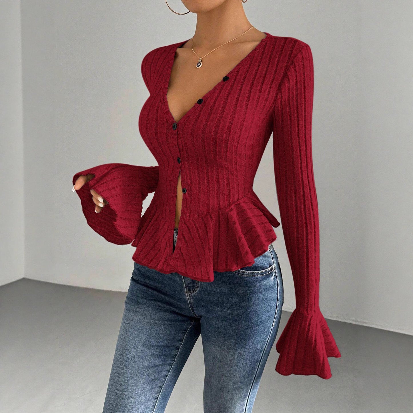 Women's knitted top with sophisticated box pleat design and button placket NOVAE